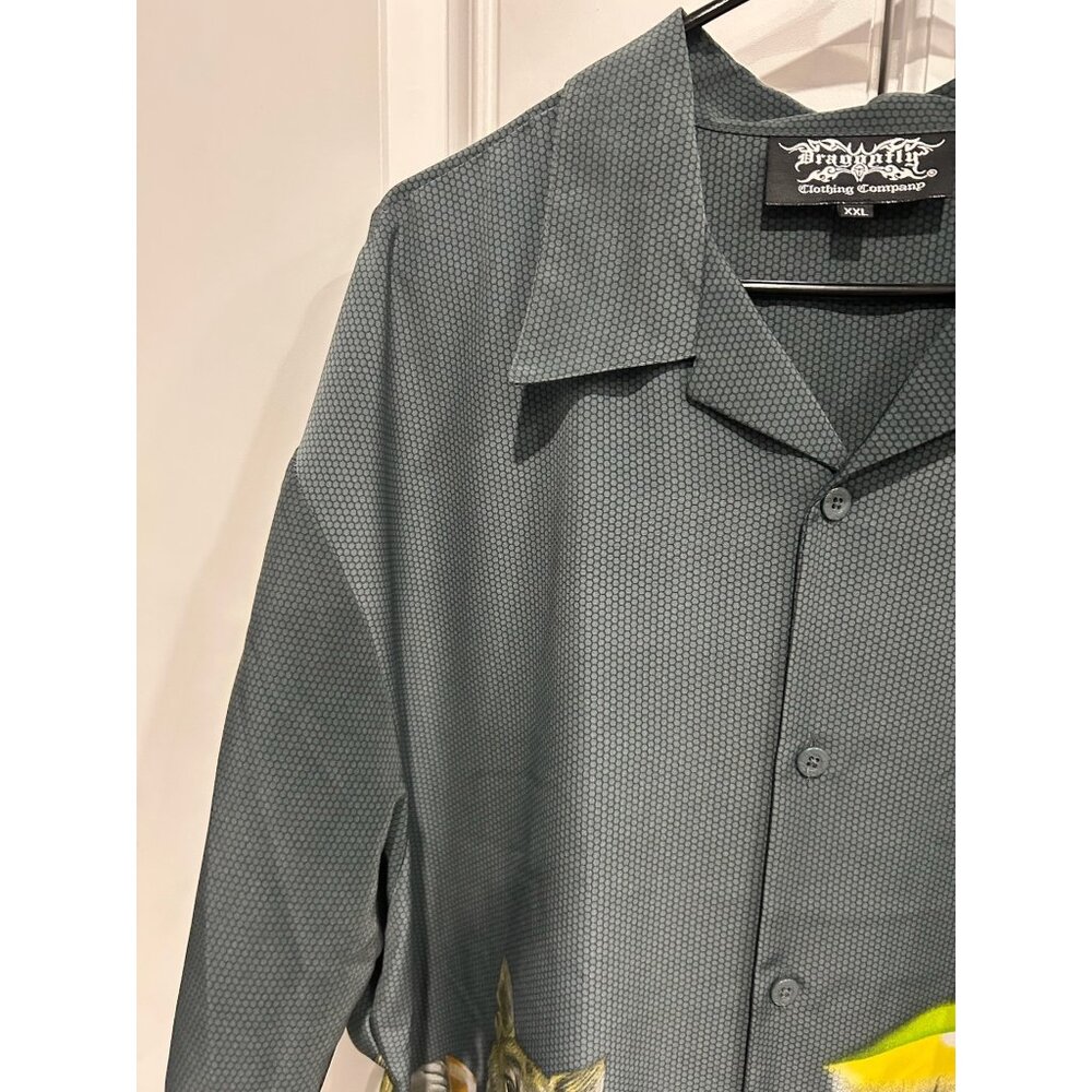 Dragonfly Dogs Playing Billiards Button Front Shirt Gray Green Sz XXL Novelty - Picture 4 of 10